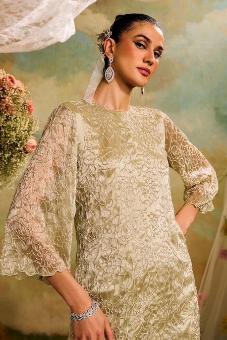 Studio22 By Pulkita Arora Bajaj Green Organza, Chiffon Cut Work Round Neck Cutdana Embroidered Kurta And Pant Set at Aza Fashions Studio22 By Pulkita Arora Bajaj_Green Organza, Chiffon Cut Work Round Neck Cutdana Embroidered Kurta And Pant Set _at_Aza_Fashions