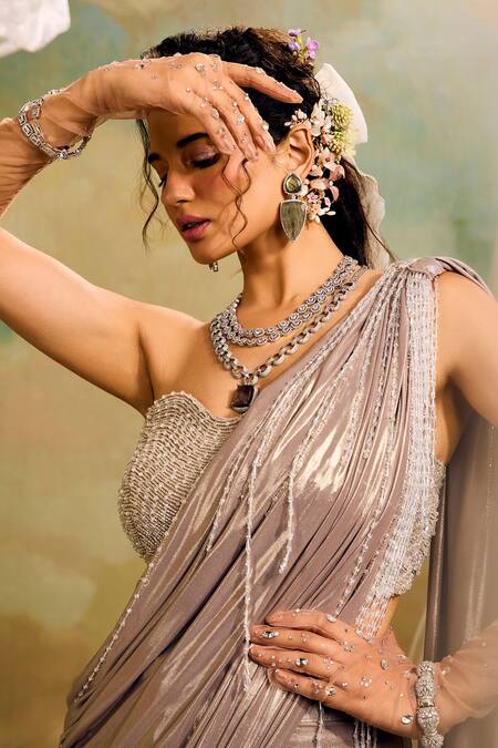 Studio22 By Pulkita Arora Bajaj Rose Gold Net, Lycra Beads, Tassels Pre-draped Saree With Embellished Blouse Online at Aza Fashions Studio22 By Pulkita Arora Bajaj_Rose Gold Net, Lycra Beads, Tassels Pre-draped Saree With Embellished Blouse _Online_at_Aza_Fashions