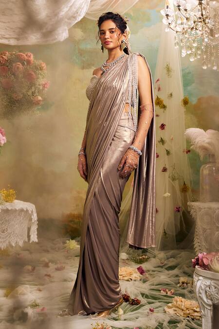 Buy Studio22 By Pulkita Arora Bajaj Rose Gold Net, Lycra Beads, Tassels Pre-draped Saree With Embellished Blouse Online at Aza Fashions Buy_Studio22 By Pulkita Arora Bajaj_Rose Gold Net, Lycra Beads, Tassels Pre-draped Saree With Embellished Blouse _Online_at_Aza_Fashions