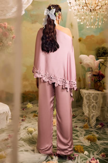 Shop Studio22 By Pulkita Arora Bajaj Purple Satin Cut Work Off-shoulder Drop Border Top And Pant Set at Aza Fashions Shop_Studio22 By Pulkita Arora Bajaj_Purple Satin Cut Work Off-shoulder Drop Border Top And Pant Set _at_Aza_Fashions