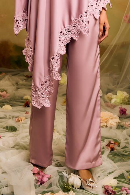 Studio22 By Pulkita Arora Bajaj Purple Satin Cut Work Off-shoulder Drop Border Top And Pant Set Online at Aza Fashions Studio22 By Pulkita Arora Bajaj_Purple Satin Cut Work Off-shoulder Drop Border Top And Pant Set _Online_at_Aza_Fashions