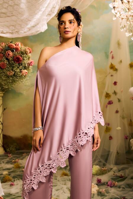 Buy Studio22 By Pulkita Arora Bajaj Purple Satin Cut Work Off-shoulder Drop Border Top And Pant Set Online at Aza Fashions Buy_Studio22 By Pulkita Arora Bajaj_Purple Satin Cut Work Off-shoulder Drop Border Top And Pant Set _Online_at_Aza_Fashions