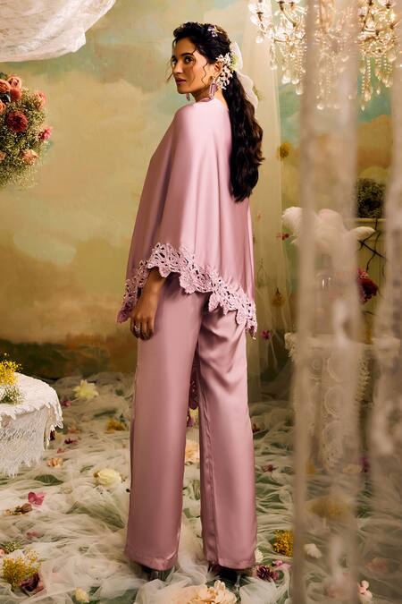 Shop Studio22 By Pulkita Arora Bajaj Purple Satin Cut Work Off-shoulder Drop Border Top And Pant Set Online at Aza Fashions Shop_Studio22 By Pulkita Arora Bajaj_Purple Satin Cut Work Off-shoulder Drop Border Top And Pant Set _Online_at_Aza_Fashions