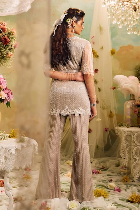 Shop Studio22 By Pulkita Arora Bajaj Grey Net, Crepe Cut Work, Beads Floral Cutdana And Embroidered Kurta Pant Set at Aza Fashions Shop_Studio22 By Pulkita Arora Bajaj_Grey Net, Crepe Cut Work, Beads Floral Cutdana And Embroidered Kurta Pant Set _at_Aza_Fashions