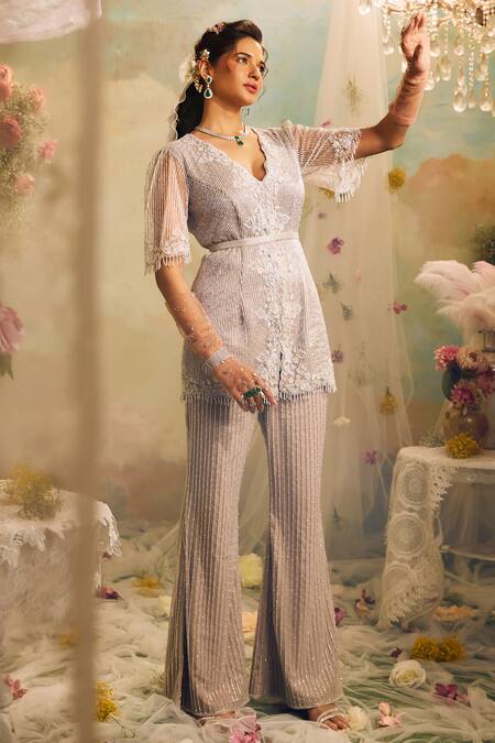 Studio22 By Pulkita Arora Bajaj Grey Net, Crepe Cut Work, Beads Floral Cutdana And Embroidered Kurta Pant Set Online at Aza Fashions Studio22 By Pulkita Arora Bajaj_Grey Net, Crepe Cut Work, Beads Floral Cutdana And Embroidered Kurta Pant Set _Online_at_Aza_Fashions