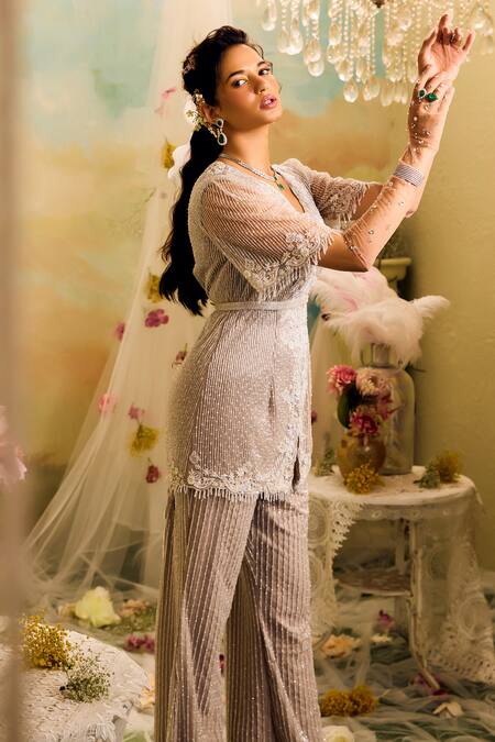 Buy Studio22 By Pulkita Arora Bajaj Grey Net, Crepe Cut Work, Beads Floral Cutdana And Embroidered Kurta Pant Set Online at Aza Fashions Buy_Studio22 By Pulkita Arora Bajaj_Grey Net, Crepe Cut Work, Beads Floral Cutdana And Embroidered Kurta Pant Set _Online_at_Aza_Fashions