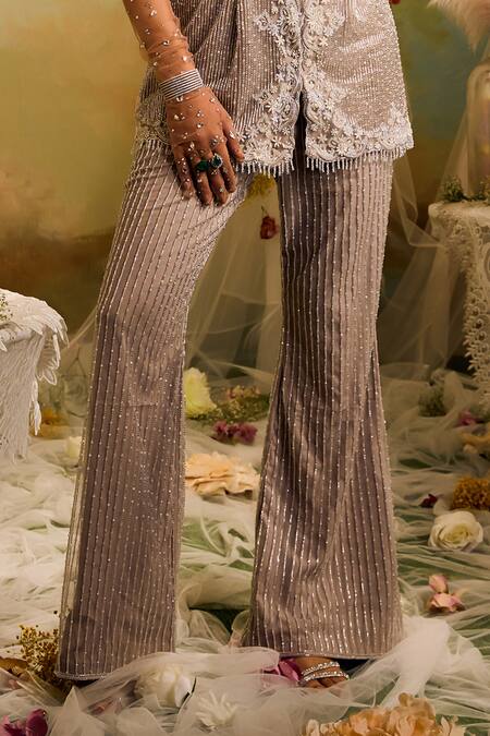 Studio22 By Pulkita Arora Bajaj Grey Net, Crepe Cut Work, Beads Floral Cutdana And Embroidered Kurta Pant Set at Aza Fashions Studio22 By Pulkita Arora Bajaj_Grey Net, Crepe Cut Work, Beads Floral Cutdana And Embroidered Kurta Pant Set _at_Aza_Fashions