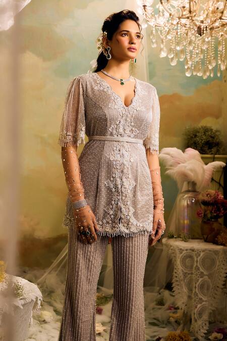 Shop Studio22 By Pulkita Arora Bajaj Grey Net, Crepe Cut Work, Beads Floral Cutdana And Embroidered Kurta Pant Set Shop_Studio22 By Pulkita Arora Bajaj_Grey Net, Crepe Cut Work, Beads Floral Cutdana And Embroidered Kurta Pant Set