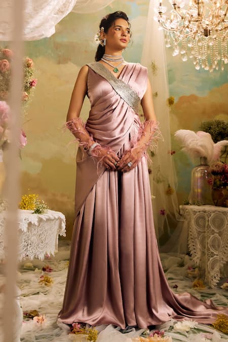 Studio22 by Pulkita Arora Bajaj Purple Satin Chiffon V Neck Draped Cross-over Sash Jumpsuit Saree 