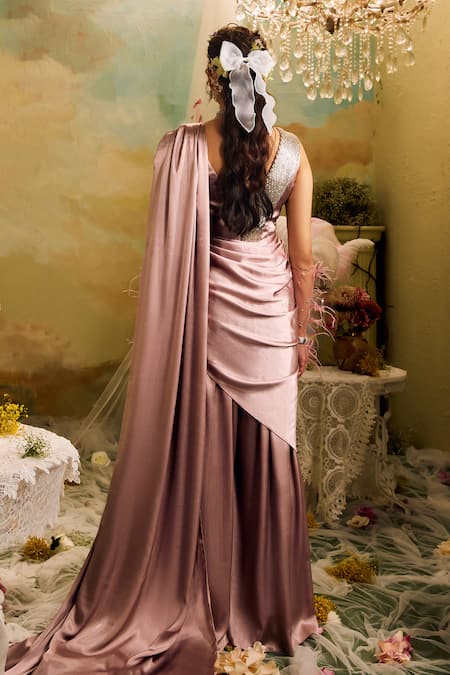 Shop Studio22 By Pulkita Arora Bajaj Purple Satin, Chiffon Sequins V-neck Draped Cross-over Sash Jumpsuit Saree at Aza Fashions Shop_Studio22 By Pulkita Arora Bajaj_Purple Satin, Chiffon Sequins V-neck Draped Cross-over Sash Jumpsuit Saree _at_Aza_Fashions