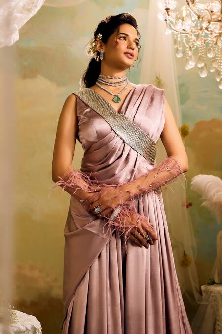 Studio22 By Pulkita Arora Bajaj Purple Satin, Chiffon Sequins V-neck Draped Cross-over Sash Jumpsuit Saree Online at Aza Fashions Studio22 By Pulkita Arora Bajaj_Purple Satin, Chiffon Sequins V-neck Draped Cross-over Sash Jumpsuit Saree _Online_at_Aza_Fashions