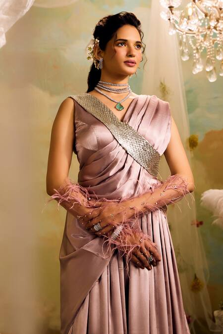 Buy Studio22 By Pulkita Arora Bajaj Purple Satin, Chiffon Sequins V-neck Draped Cross-over Sash Jumpsuit Saree Online at Aza Fashions Buy_Studio22 By Pulkita Arora Bajaj_Purple Satin, Chiffon Sequins V-neck Draped Cross-over Sash Jumpsuit Saree _Online_at_Aza_Fashions