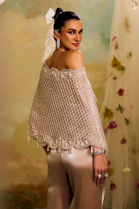 Shop Studio22 By Pulkita Arora Bajaj Rose Gold Organza Cut Work Off-shoulder Drop Embroidered Top Pant Set Online at Aza Fashions Shop_Studio22 By Pulkita Arora Bajaj_Rose Gold Organza Cut Work Off-shoulder Drop Embroidered Top Pant Set _Online_at_Aza_Fashions