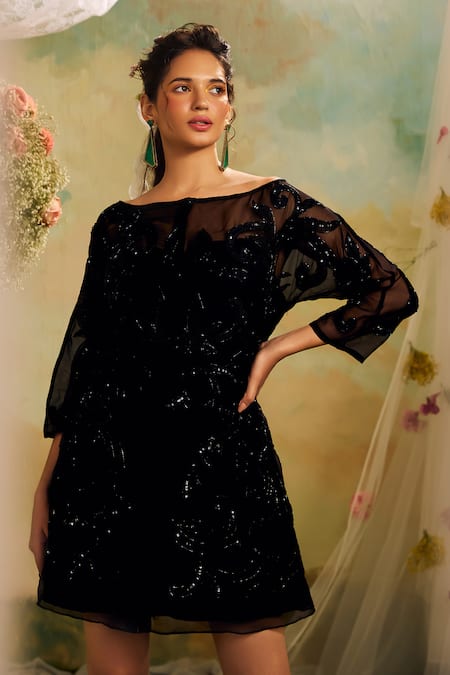 Studio22 by Pulkita Arora Bajaj Black Organza Embroidered Sequin Boat And Cutdana Short Dress  3