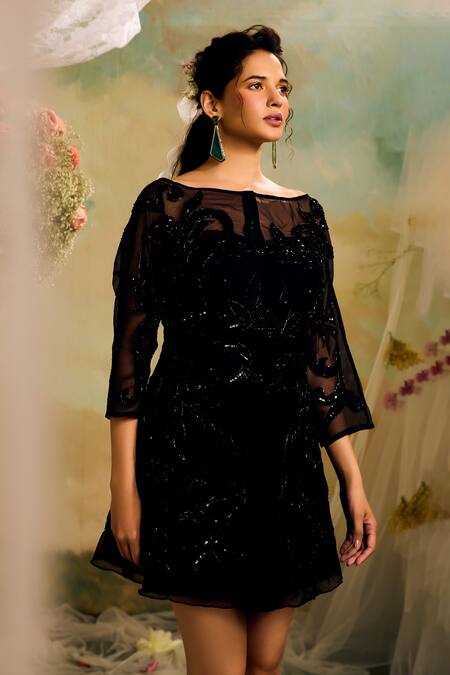 Studio22 by Pulkita Arora Bajaj Black Organza Embroidered Sequin Boat And Cutdana Short Dress  4