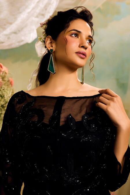 Studio22 by Pulkita Arora Bajaj Black Organza Embroidered Sequin Boat And Cutdana Short Dress  5