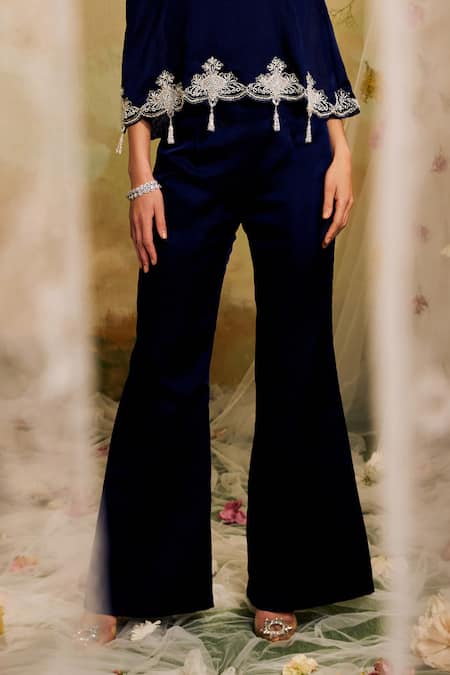 Studio22 By Pulkita Arora Bajaj_Blue Organza Embroidery, Cut Work, Beads Off-shoulder Cutwork Top Pant Set_Online_at_Aza_Fashions