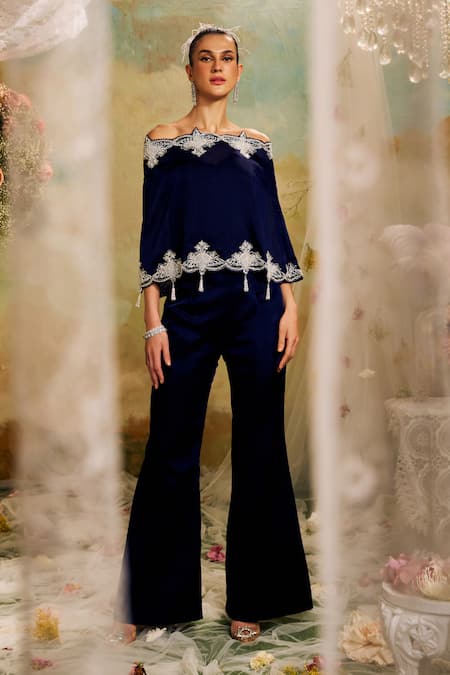 Buy_Studio22 By Pulkita Arora Bajaj_Blue Organza Embroidery, Cut Work, Beads Off-shoulder Cutwork Top Pant Set_Online_at_Aza_Fashions