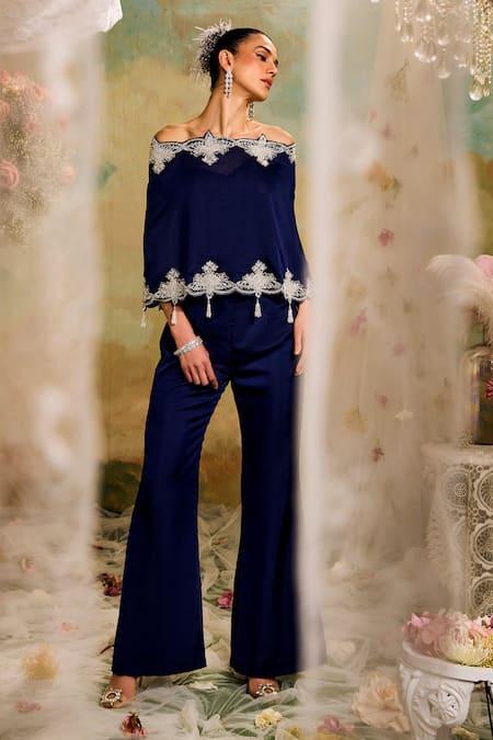 Shop_Studio22 By Pulkita Arora Bajaj_Blue Organza Embroidery, Cut Work, Beads Off-shoulder Cutwork Top Pant Set_Online_at_Aza_Fashions
