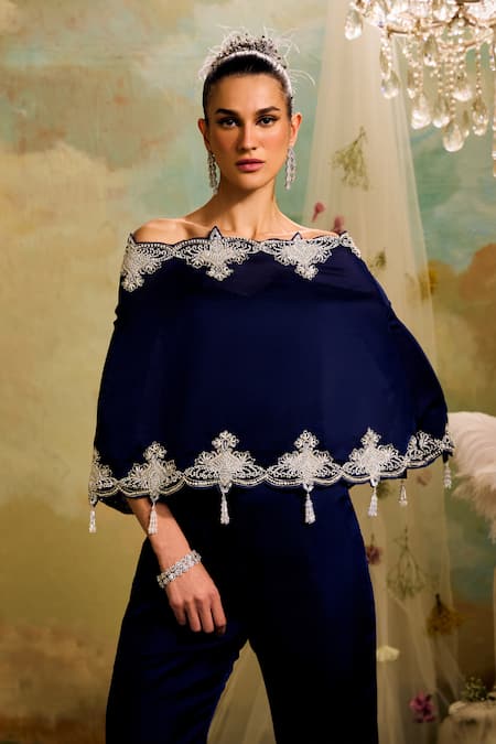 Studio22 By Pulkita Arora Bajaj_Blue Organza Embroidery, Cut Work, Beads Off-shoulder Cutwork Top Pant Set_at_Aza_Fashions