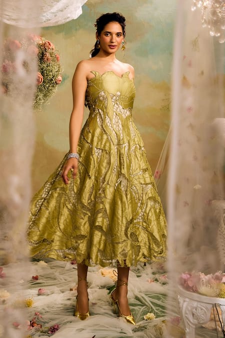 Studio22 By Pulkita Arora Bajaj_Green Silk Embroidery Off-shoulder Cutwork Midi Dress _Online_at_Aza_Fashions