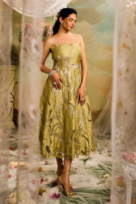 Buy_Studio22 By Pulkita Arora Bajaj_Green Silk Embroidery Off-shoulder Cutwork Midi Dress _Online_at_Aza_Fashions