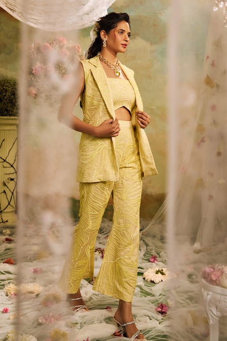 Studio22 by Pulkita Arora Bajaj Yellow Organza Embroidered Sequin Lapel Collar Tonal Waistcoat Pant Set 