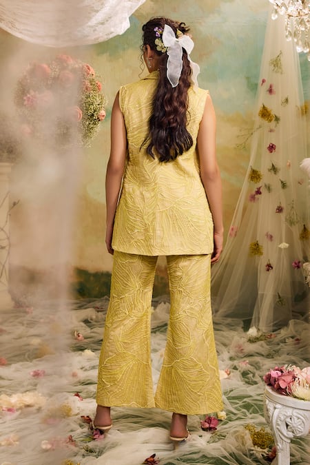 Shop Studio22 By Pulkita Arora Bajaj Yellow Organza Sequins, Cut Work Collared Tonal Embroidered Waistcoat Pant Set at Aza Fashions Shop_Studio22 By Pulkita Arora Bajaj_Yellow Organza Sequins, Cut Work Collared Tonal Embroidered Waistcoat Pant Set _at_Aza_Fashions