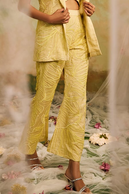 Studio22 By Pulkita Arora Bajaj Yellow Organza Sequins, Cut Work Collared Tonal Embroidered Waistcoat Pant Set Online at Aza Fashions Studio22 By Pulkita Arora Bajaj_Yellow Organza Sequins, Cut Work Collared Tonal Embroidered Waistcoat Pant Set _Online_at_Aza_Fashions