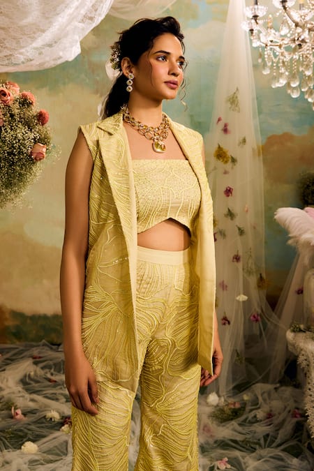 Buy Studio22 By Pulkita Arora Bajaj Yellow Organza Sequins, Cut Work Collared Tonal Embroidered Waistcoat Pant Set Online at Aza Fashions Buy_Studio22 By Pulkita Arora Bajaj_Yellow Organza Sequins, Cut Work Collared Tonal Embroidered Waistcoat Pant Set _Online_at_Aza_Fashions