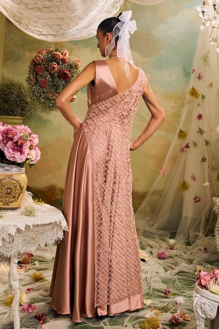 Shop_Studio22 By Pulkita Arora Bajaj_Pink Net, Silk Pearls, Embroidery V-neck Plain Jumpsuit With Cape _at_Aza_Fashions