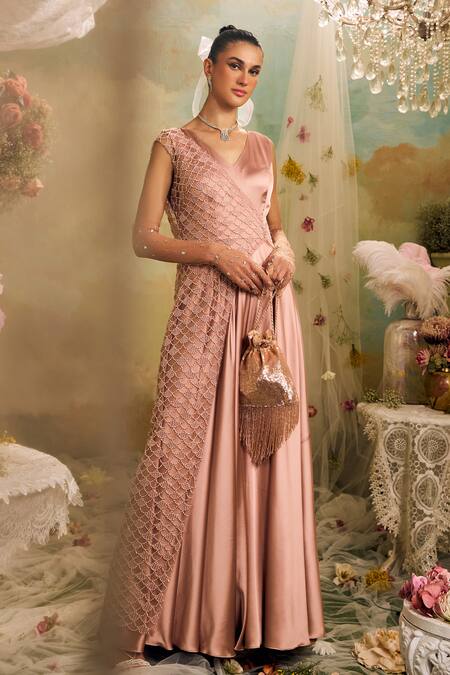 Studio22 By Pulkita Arora Bajaj_Pink Net, Silk Pearls, Embroidery V-neck Plain Jumpsuit With Cape _Online_at_Aza_Fashions
