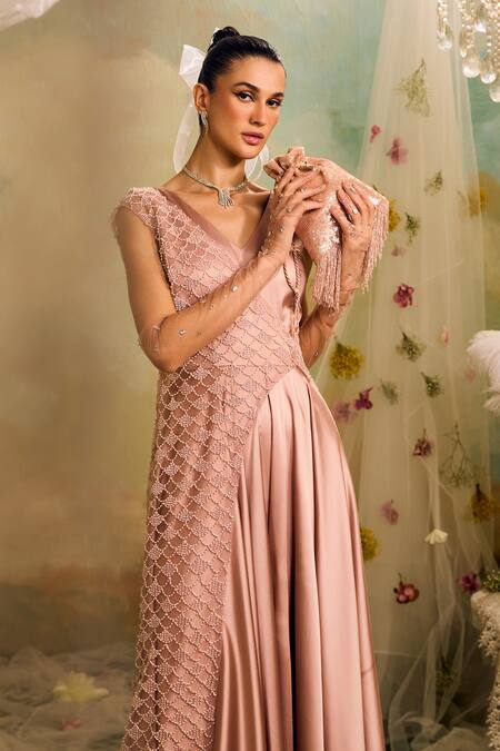 Shop_Studio22 By Pulkita Arora Bajaj_Pink Net, Silk Pearls, Embroidery V-neck Plain Jumpsuit With Cape _Online_at_Aza_Fashions