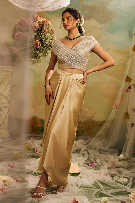 Studio22 by Pulkita Arora Bajaj Gold Tissue Embroidered Tassels V Neck Blouse And Pleated Skirt Set 