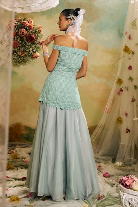 Shop Studio22 By Pulkita Arora Bajaj Blue Organza Beads Off-shoulder Embroidered Tunic And Sharara Set at Aza Fashions Shop_Studio22 By Pulkita Arora Bajaj_Blue Organza Beads Off-shoulder Embroidered Tunic And Sharara Set _at_Aza_Fashions