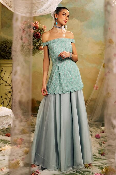 Studio22 By Pulkita Arora Bajaj Blue Organza Beads Off-shoulder Embroidered Tunic And Sharara Set Online at Aza Fashions Studio22 By Pulkita Arora Bajaj_Blue Organza Beads Off-shoulder Embroidered Tunic And Sharara Set _Online_at_Aza_Fashions