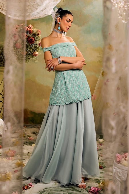 Buy Studio22 By Pulkita Arora Bajaj Blue Organza Beads Off-shoulder Embroidered Tunic And Sharara Set Online at Aza Fashions Buy_Studio22 By Pulkita Arora Bajaj_Blue Organza Beads Off-shoulder Embroidered Tunic And Sharara Set _Online_at_Aza_Fashions