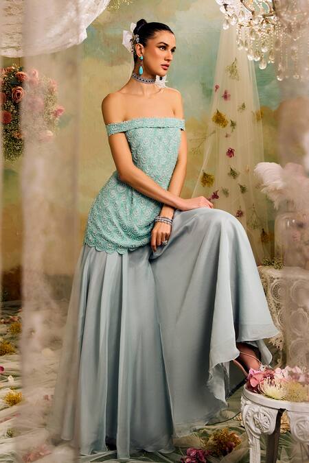 Buy Studio22 By Pulkita Arora Bajaj Blue Organza Beads Off-shoulder Embroidered Tunic And Sharara Set Buy_Studio22 By Pulkita Arora Bajaj_Blue Organza Beads Off-shoulder Embroidered Tunic And Sharara Set