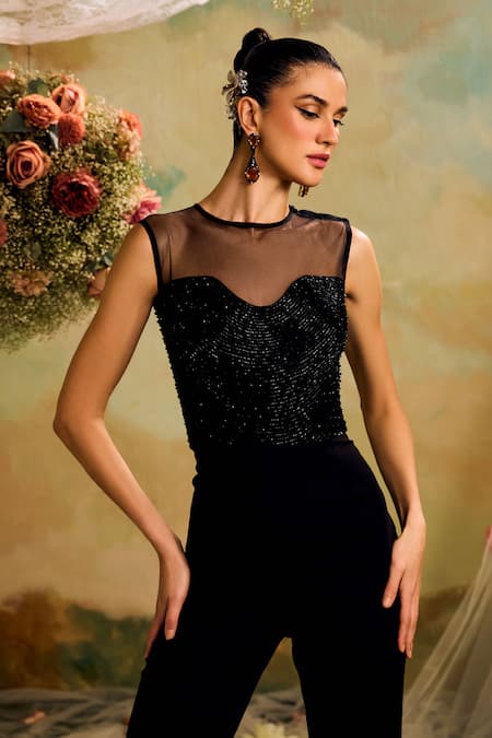 Buy_Studio22 By Pulkita Arora Bajaj_Black Net, Brocade Embroidery Round Neck Cutdana Bodice Jumpsuit _Online_at_Aza_Fashions