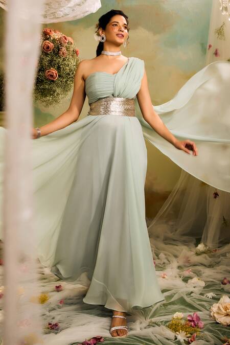 Studio22 By Pulkita Arora Bajaj Blue Georgette Asymmetric Embroidered Draped Gown With Belt Online at Aza Fashions Studio22 By Pulkita Arora Bajaj_Blue Georgette Asymmetric Embroidered Draped Gown With Belt _Online_at_Aza_Fashions