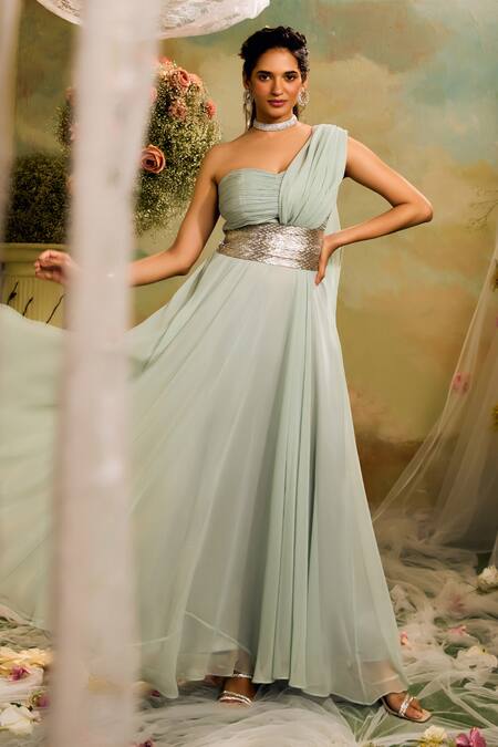 Buy Studio22 By Pulkita Arora Bajaj Blue Georgette Asymmetric Embroidered Draped Gown With Belt Online at Aza Fashions Buy_Studio22 By Pulkita Arora Bajaj_Blue Georgette Asymmetric Embroidered Draped Gown With Belt _Online_at_Aza_Fashions