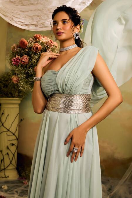 Studio22 By Pulkita Arora Bajaj Blue Georgette Asymmetric Embroidered Draped Gown With Belt at Aza Fashions Studio22 By Pulkita Arora Bajaj_Blue Georgette Asymmetric Embroidered Draped Gown With Belt _at_Aza_Fashions