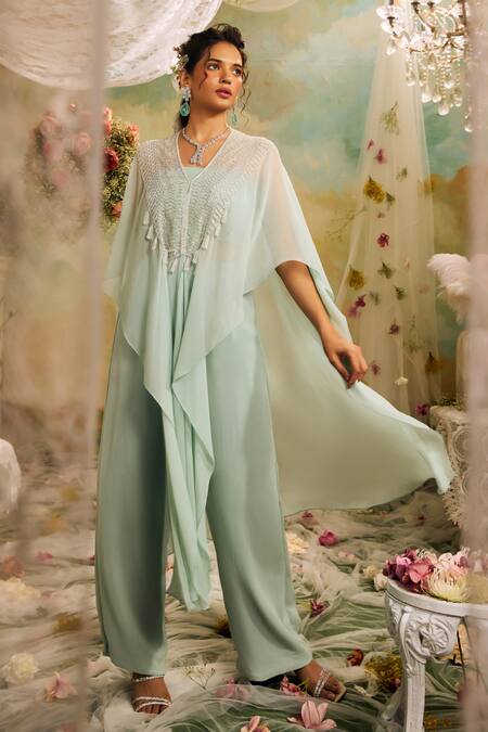 Studio22 By Pulkita Arora Bajaj Blue Georgette Tassels, Cut Work V-neck Cutdana And Embroidered Kaftan Pant Set Online at Aza Fashions Studio22 By Pulkita Arora Bajaj_Blue Georgette Tassels, Cut Work V-neck Cutdana And Embroidered Kaftan Pant Set _Online_at_Aza_Fashions