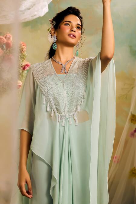 Shop Studio22 By Pulkita Arora Bajaj Blue Georgette Tassels, Cut Work V-neck Cutdana And Embroidered Kaftan Pant Set Online at Aza Fashions Shop_Studio22 By Pulkita Arora Bajaj_Blue Georgette Tassels, Cut Work V-neck Cutdana And Embroidered Kaftan Pant Set _Online_at_Aza_Fashions