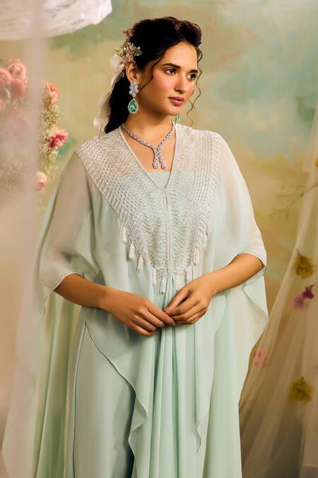 Studio22 By Pulkita Arora Bajaj Blue Georgette Tassels, Cut Work V-neck Cutdana And Embroidered Kaftan Pant Set at Aza Fashions Studio22 By Pulkita Arora Bajaj_Blue Georgette Tassels, Cut Work V-neck Cutdana And Embroidered Kaftan Pant Set _at_Aza_Fashions