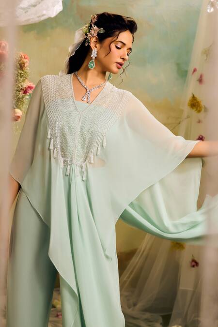 Buy Studio22 By Pulkita Arora Bajaj Blue Georgette Tassels, Cut Work V-neck Cutdana And Embroidered Kaftan Pant Set Buy_Studio22 By Pulkita Arora Bajaj_Blue Georgette Tassels, Cut Work V-neck Cutdana And Embroidered Kaftan Pant Set