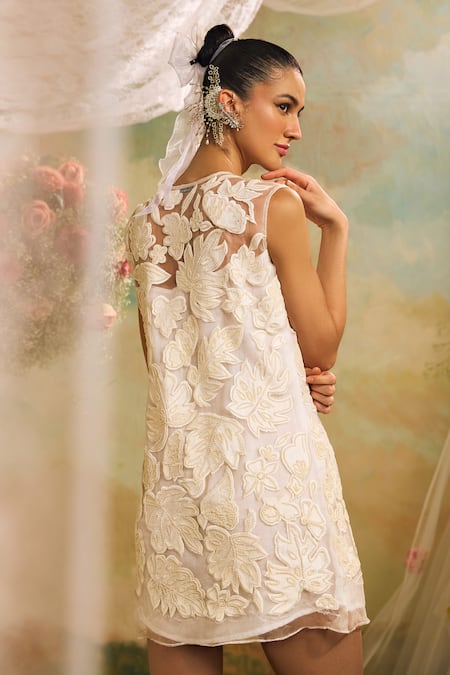 Shop Studio22 By Pulkita Arora Bajaj Off White Organza Embroidery Round Neck Pearl Cutwork Dress at Aza Fashions Shop_Studio22 By Pulkita Arora Bajaj_Off White Organza Embroidery Round Neck Pearl Cutwork Dress _at_Aza_Fashions