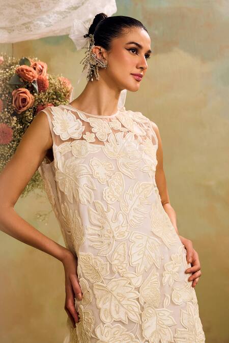 Studio22 By Pulkita Arora Bajaj Off White Organza Embroidery Round Neck Pearl Cutwork Dress Online at Aza Fashions Studio22 By Pulkita Arora Bajaj_Off White Organza Embroidery Round Neck Pearl Cutwork Dress _Online_at_Aza_Fashions