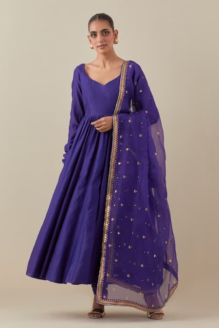 PRIYAL PRAKASH Purple Anarkali Chanderi Embroidery Aari Leaf Neck Set With Dupatta 