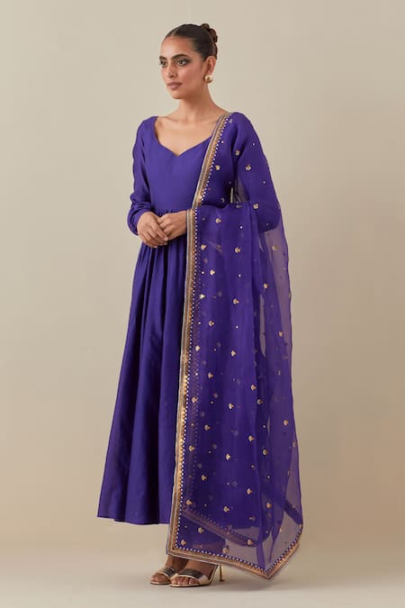 Priyal Prakash_Purple Chanderi, Cotton, Silk Organza Anarkali Set With Embroidered Dupatta_Online_at_Aza_Fashions